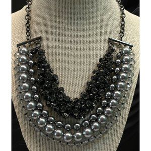 Ann Taylor Loft Necklace Gray Layered Bulky Beads Rhinestones Bib Style 14"